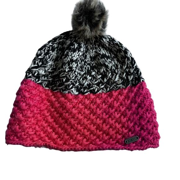 Pistil Knit Hat with Pom Pom - Pink and Black - Fleece Lined - Picture 1 of 6